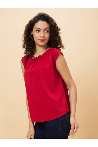 Globus By Styli Embellished Pleated Neck Sleeveless Top