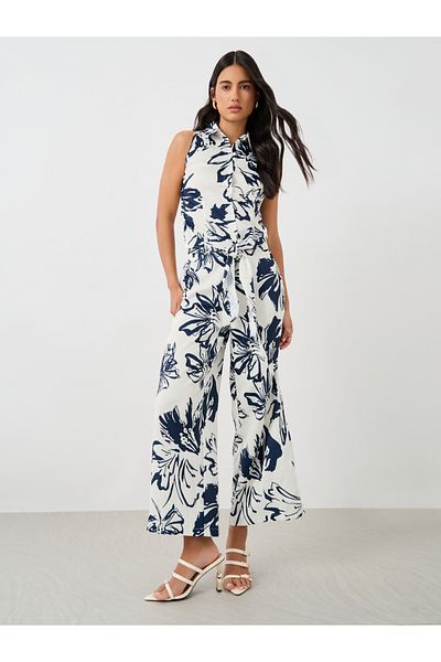 Styli Printed Sleeveless Resort Collar Shirt with Tie-Up Detail
