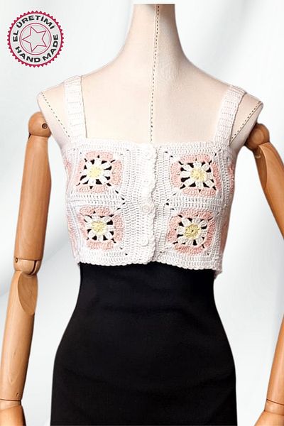 Uretti - Yıldız 7202 7367 Hand Knitted Summer White Women's Bustier / Crop Blouse - 36/38/40 - Yavruağzı