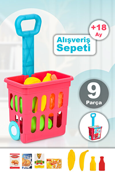 Meleni Toys عربة تسوق مكونة من 9 قطع - عربة بقالة مليئة بالفواكه والخضروات مع مقابض