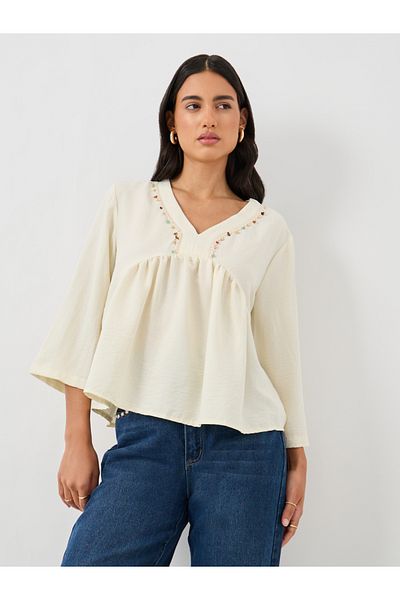 Styli Embellished Lace Detail V-Neck Peplum Blouse