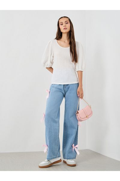 Styli Texture Balloon Sleeve Round Neck Blouse