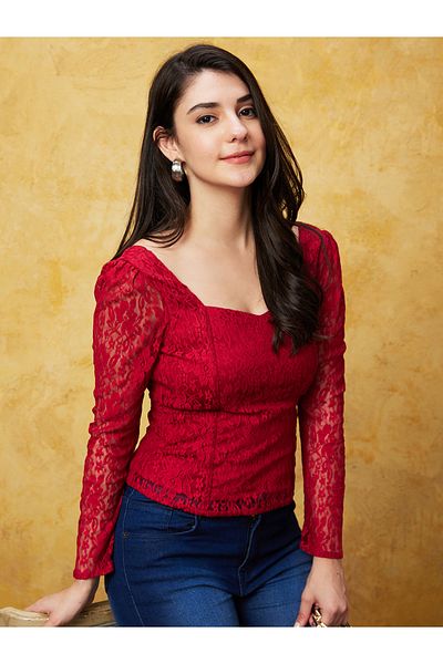 Globus By Styli Sweetheart Neck Puff Sleeves Lace Top