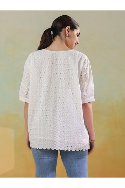 Sanskrutihomes By Styli Women White Schiffli Tie-Up Waist Cotton Top with Scallop Hem