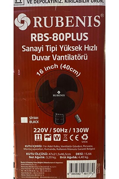 Rubenis RBSR-80 PLUS Kumandalı Duvar Vantilatörü Siyah