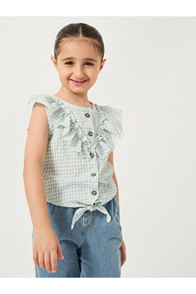 Styli Checked Ruffled Detail Buttoned Blouse