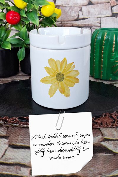 qoeuyl boutique Yellow Flower Printed Ceramic Lid Odorless Ashtray