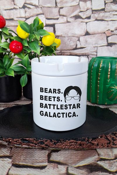 qoeuyl boutique Bears Beets Battlestar Galactica Dwight Schrute the Office Printed Ceramic Lid Odorless Ashtray