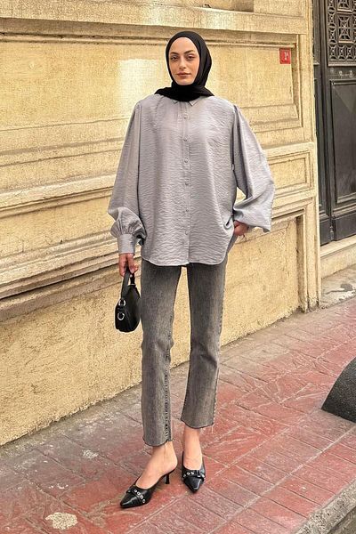lamelif Balloon Sleeve Shirt Gray