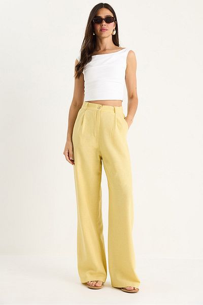 Bianco Lucci Women's High Waist Pleat Detailed Linen Palazzo Trousers 3990 40881029