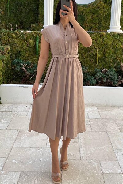 Madmext Bej Kısa Kollu Midi Boy Kadın Elbise Mg2497