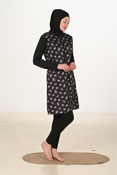 Fantasy 3441 Μακρυμάνικο Αλεξίπτωτο-Lycra Υφασμάτινο Μοτίβο Φύλλων Μαγιό Hijab