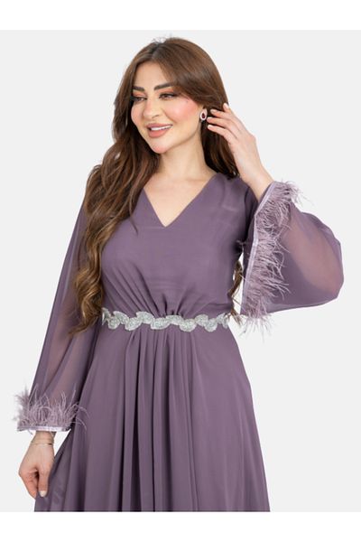 Nice Model Violet Purple Chiffon Dress with Feathered Sleeves & Silver Belt | Elegant V-neck Evening Gown
