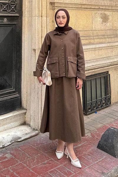 lamelif Pocket Detailed Double Skirt Hijab Suit Chocolate Brown