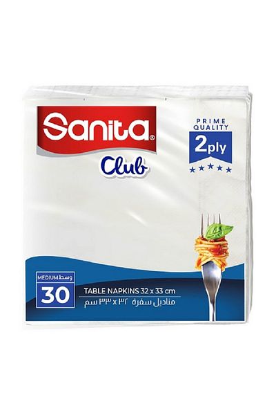 Sanita 30-Piece 2-Ply Club Premium Quality Medium Table Napkins White 32 x 33cm