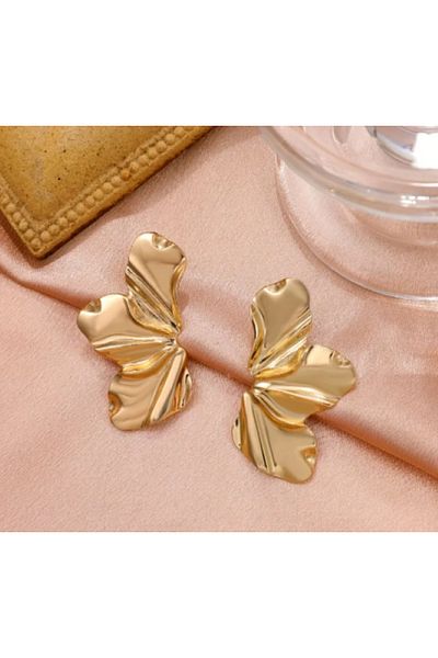 SE Jewellery Collection Selin Ersoy Women's Gold Leaf Asymmetrical Large Earrings – Modern and Elegant Design