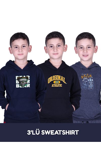 FYK KİDS 3-Pack Boy's Printed Pocket Hooded Sweatshirt