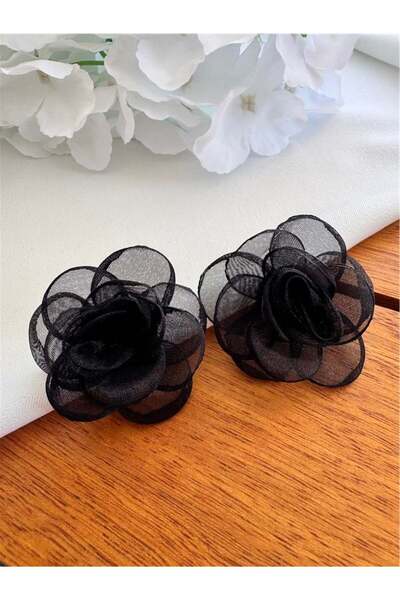 Pelin Aksesuar Siyah Organze Kumaş Çiçek Küpe