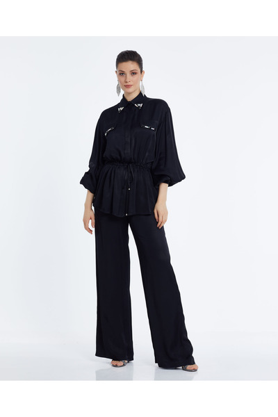 SERPİL Kadın Taş Detaylı Gömlek ve Pantolon Takımı – Ayarlanabilir Bel ve Rah...
