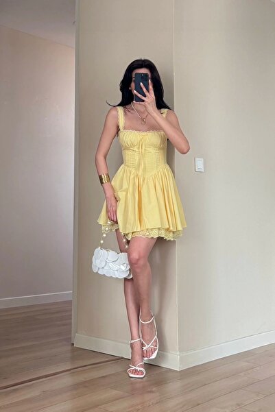 Eka Kadın Sarı Askılı Dantel Detay Elbise 1041-2293