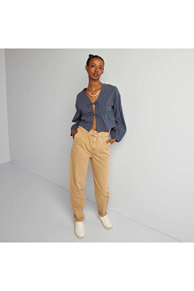 KIABI Twill trousers with fine tie belt BEIGE