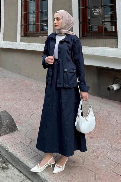 lamelif Pocket Detailed Double Skirt Hijab Suit Navy Blue