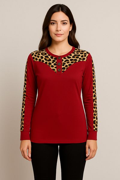 Birol Triko Women's Burgundy Leopard Garnished Lycra Bodysuit
