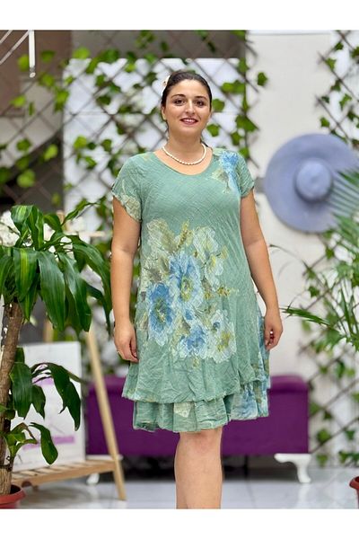 Punta Otantik Nc50121 Italian Short Sleeve Cotton Linen Dress Khaki