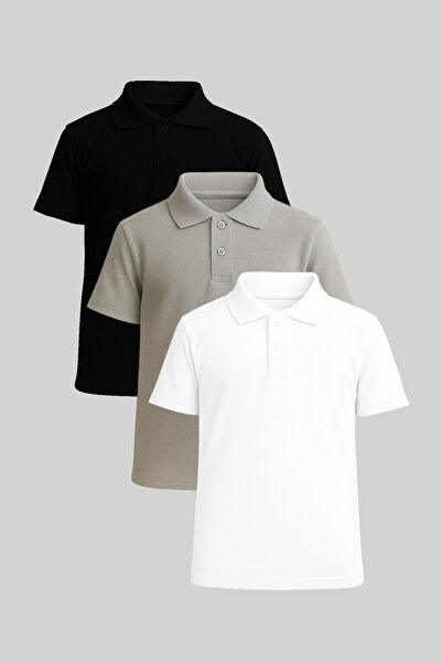 FATELLA Children's Short Sleeve Polo Neck T-Shirt Set of 3 Black Gray White