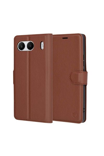 SKYDDAR INNOVATION Husă pentru OnePlus Nord 4, piele tip folio, portofel interior, finisaje premium, set de stickere, maro