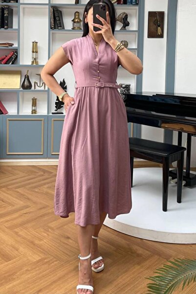 Madmext Gül Kurusu Kısa Kollu Midi Boy Kadın Elbise Mg2497