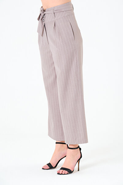 Sortie Collection Women's Pleated, Striped Pattern, Buttoned, Pipe Leg, Belted Gabardine Gray Trousers