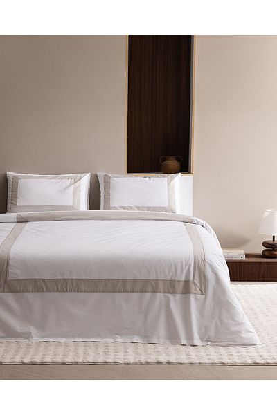 Madame Coco Valette King Size 100% Cotton Duvet Cover Set - White/Stone