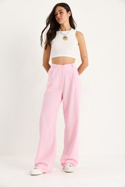 Bianco Lucci Women's High Waist Pleat Detailed Linen Palazzo Trousers 3990 40881029
