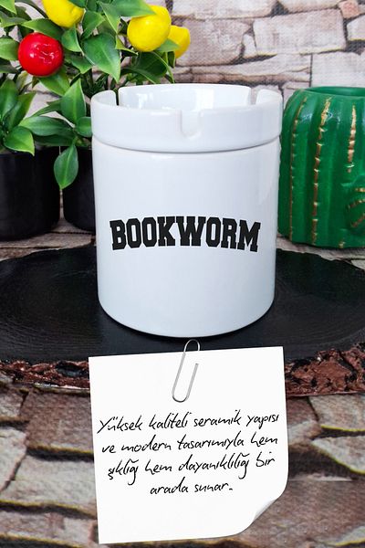 qoeuyl boutique Bookworm Special Gift for Book Lovers Printed Ceramic Lid Odorless Ashtray
