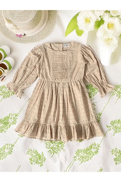 Bella Moda By Styli Solid Schiffli Pintuck Detail Dress with 3/4 Sleeves