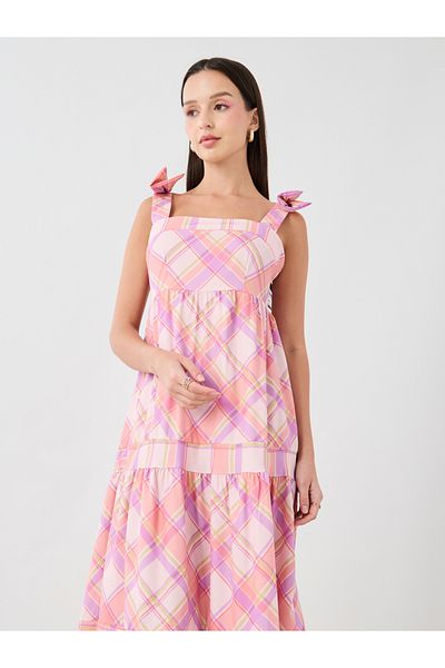 Styli Checked Sleeveless A-Line Tiered Maxi Dress