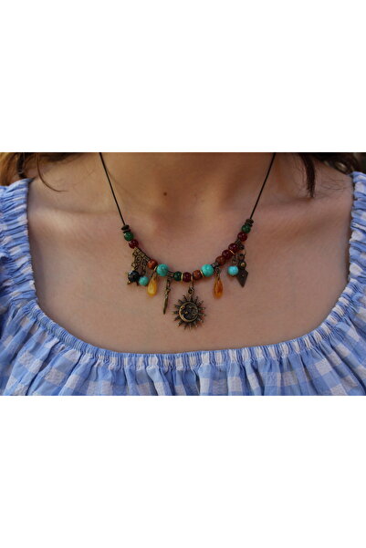 etniko Etnik Tasarım Güneş Figürlü Renkli Boncuklu Kadın Kolye | Ayarlanabilir