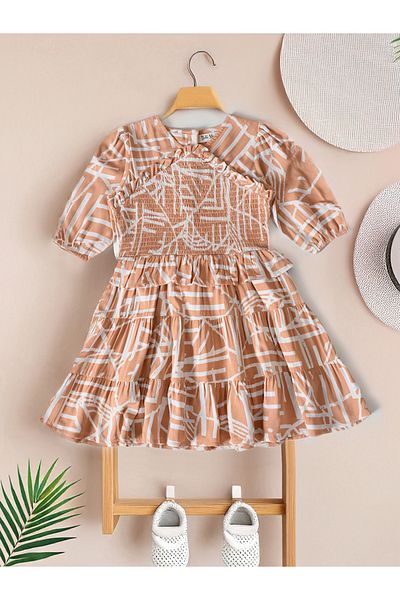 Bella Moda By Styli Printed Smocked Detail Puff Sleeve Knee-Length Dress