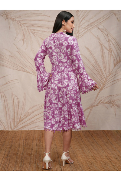 Vishudh By Styli Women Tie and Dye Printed A-Line Midi Dress with Pompom Detail