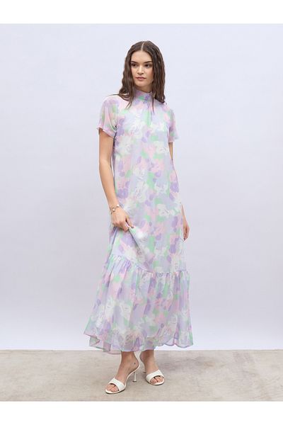 Styli Printed High Neck Short Sleeve Maxi Dress