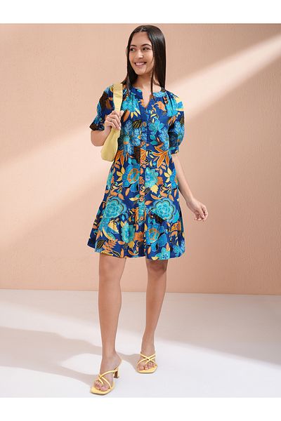 Vishudh By Styli Women Floral Print Puff Sleeves Cotton A-Line Mini Dress