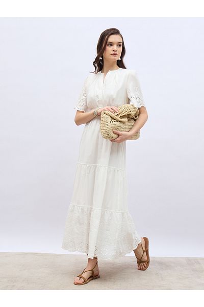 Styli Schiffli Trim Smocked Detail Tiered Maxi Dress