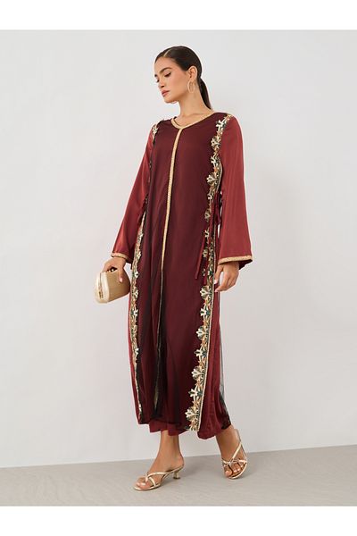 Keenly By Styli Lace Trim Long Sleeve A-Line Jalabiya