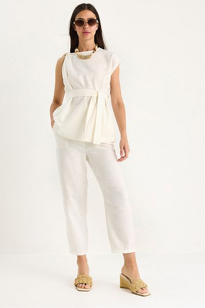 Bianco Lucci Women's Shoulder Knot Detailed Belted Linen Top-Top Set 9369 60281075