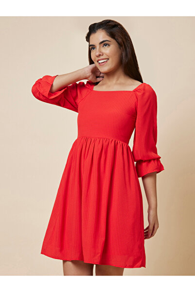 Globus By Styli Women Red Solid Smocked Back A-Line Knee-Length Dress