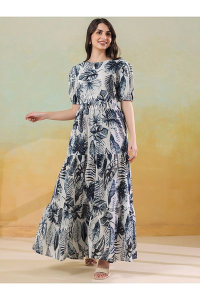 Sanskrutihomes By Styli Floral Print Puff Sleeves Tiered Maxi Dress with Back Tie