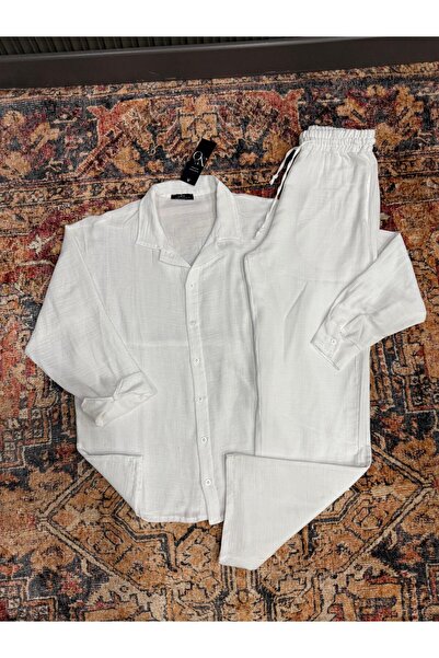 NO 601 Cămașă pentru bărbați din amestec de in și muselină albă și set de pantaloni albi din muselină