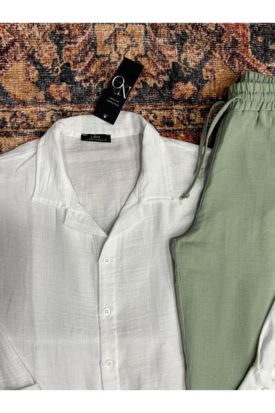 NO 601 Men's White Muslin Linen Blended Shirt & Muslin Green Pant Suit