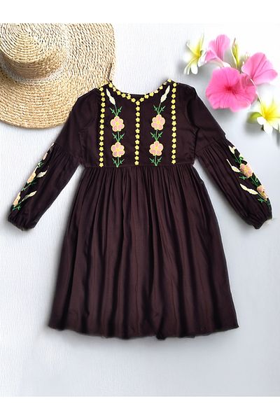 Bella Moda By Styli Floral Embroidered Round Neck Knee-Length Dress
